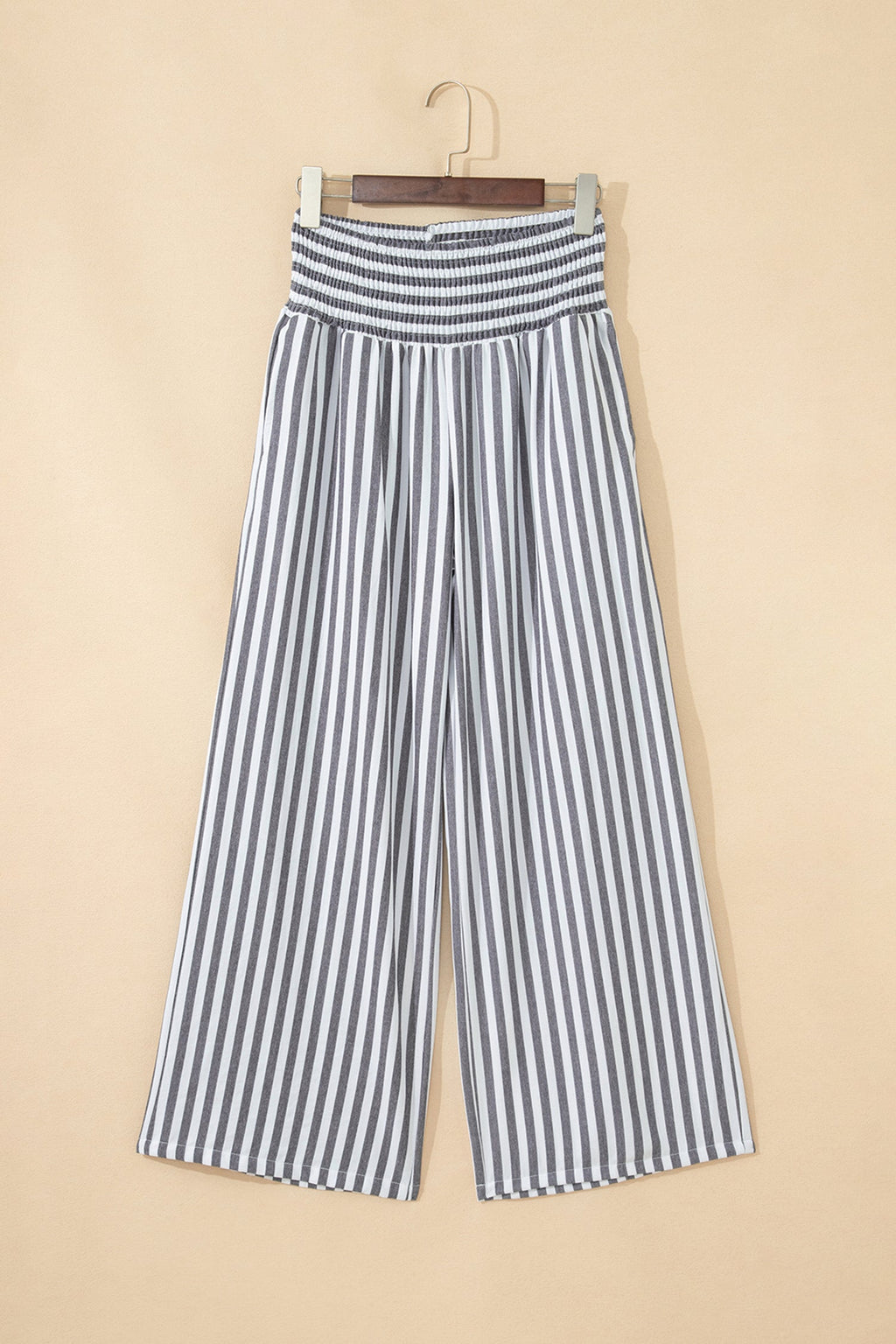 Black Stripe Shirred High Waist Loose Summer Pants