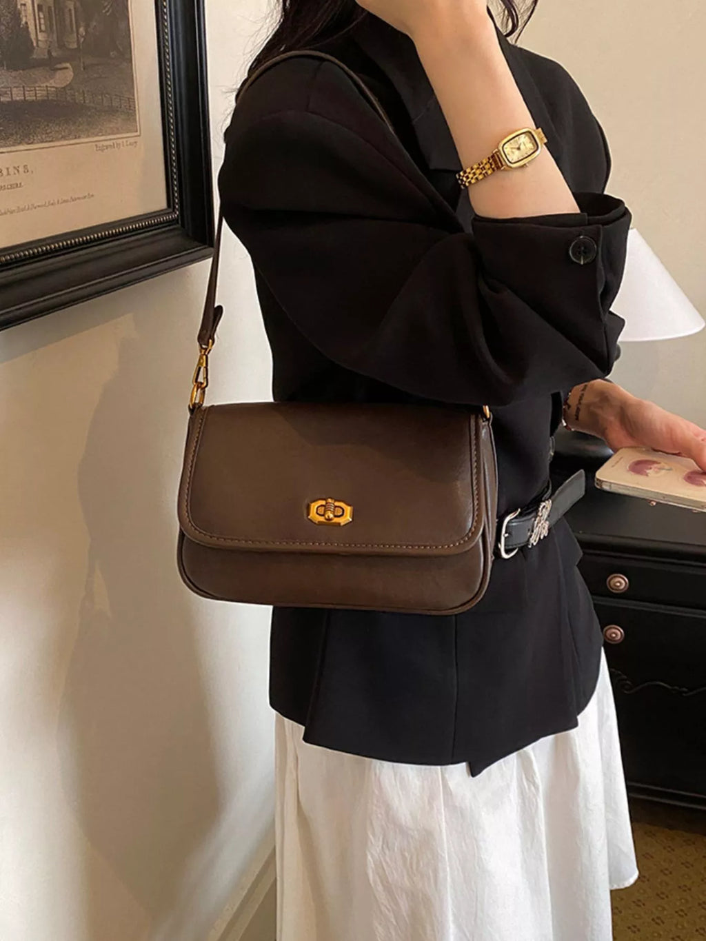 Twist Lock Flap Shoulder Bag