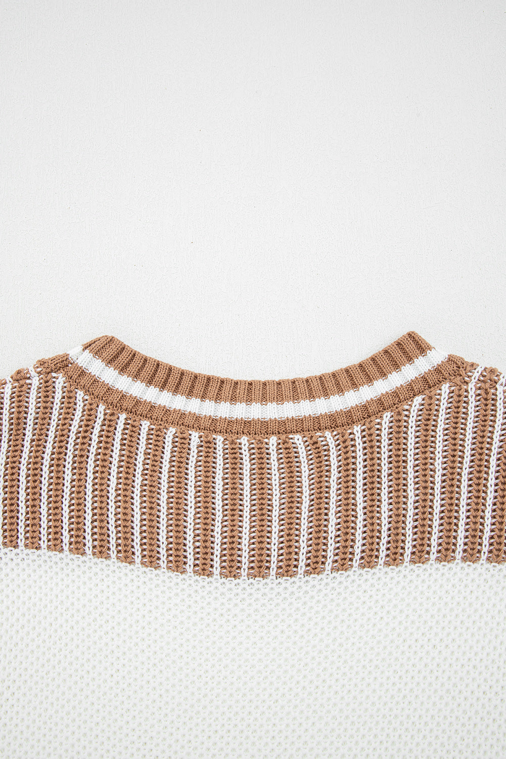 Khaki Two Tone Striped Patchwork Drop Shoulder Loose Sweater