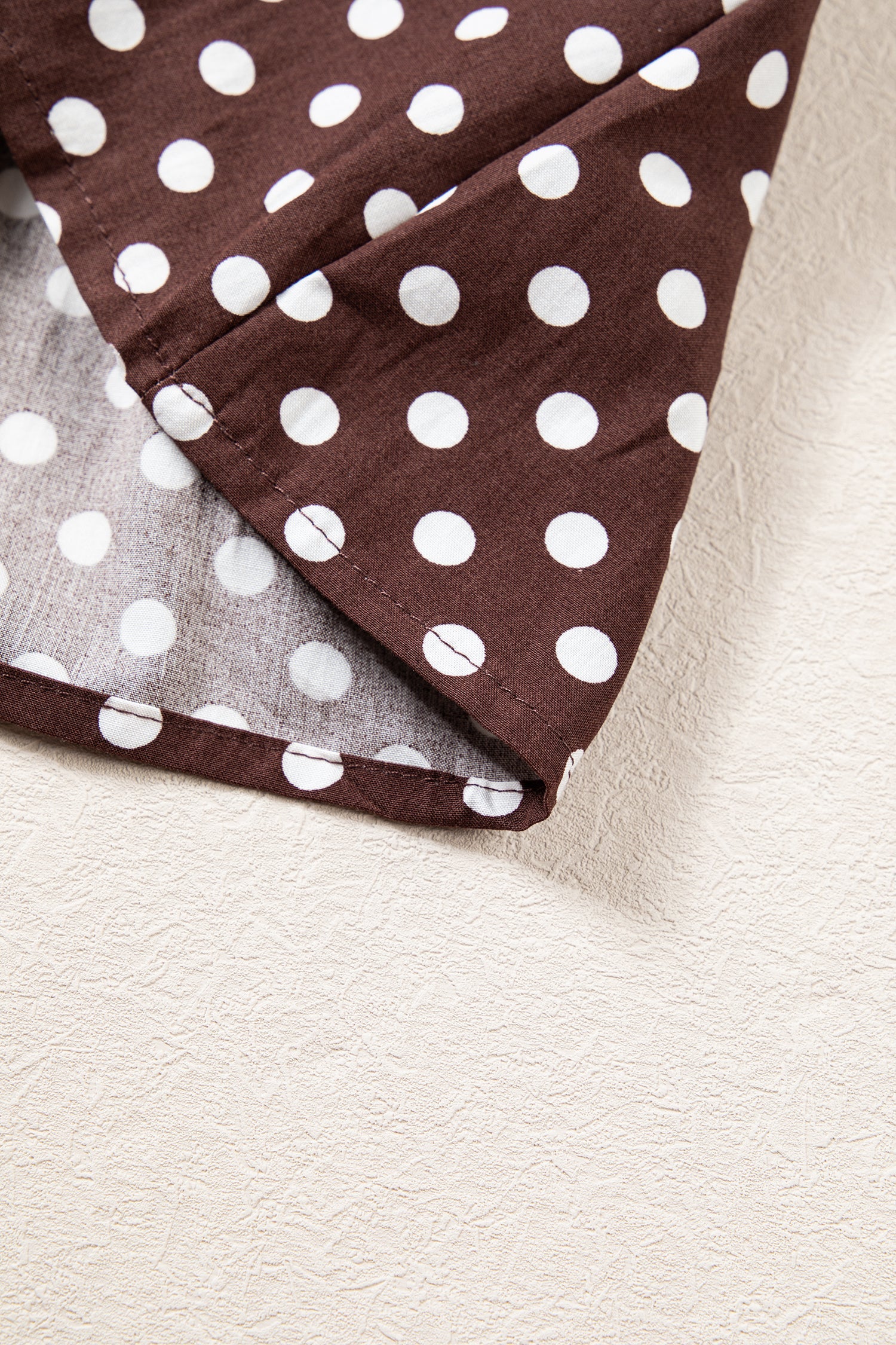 Brown Polka Dot Ruffled High Neck Shirred Ruffle Hem Blouse