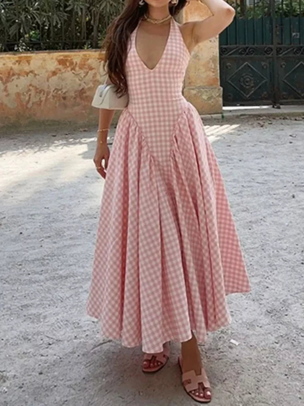 Full Size Gingham Halter Neck Maxi Dress Plus Size