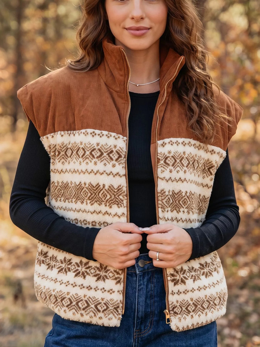 Geometric Print Fleece Metal Zipper Collar Patchwork Design Vest