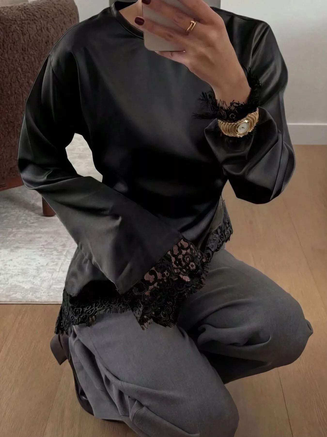Satin Lace Trim Flare Sleeve Blouse