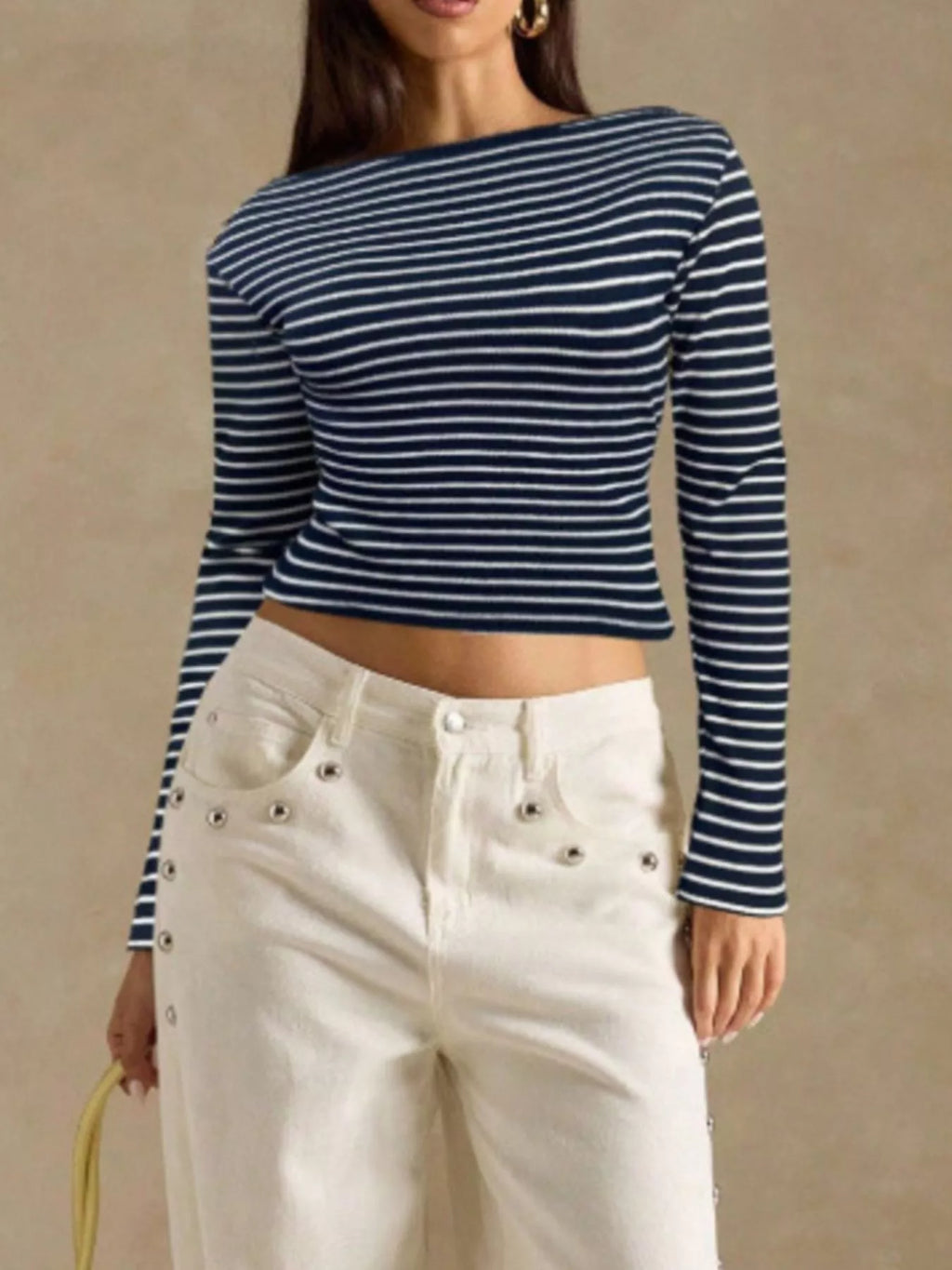 Off-Shoulder Striped Ribbed Long Sleeve T-Shirt