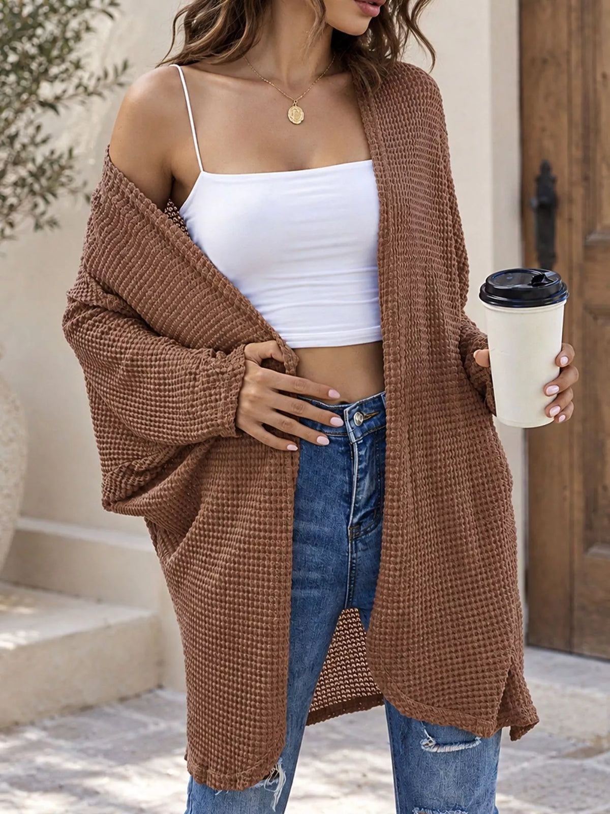 Waffle Knit Open Front Oversized Cardigan