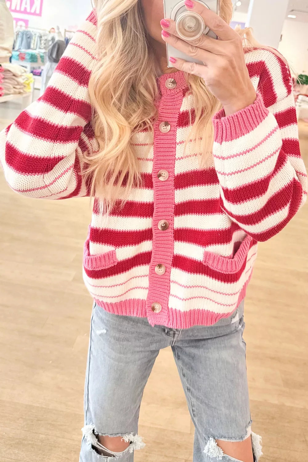 Stripe V Neck Long Sleeve Regular Fit Cardigan