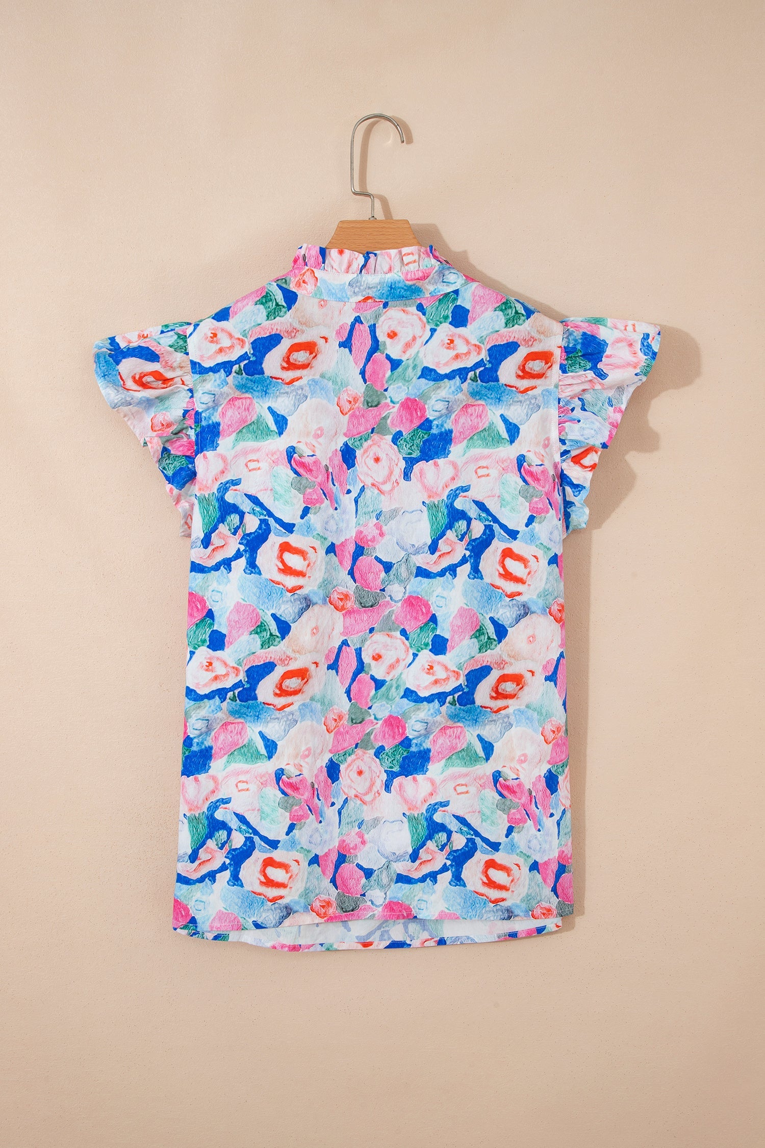 Pink Floral Print Tie V Neck Contrast Detail Ruffle Short Sleeve Blouse