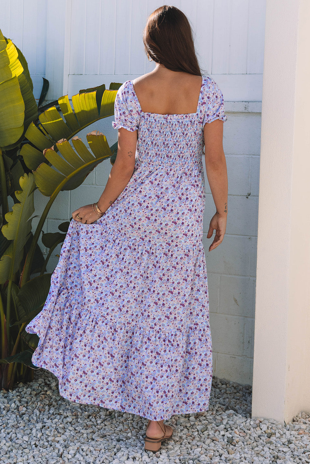 Purple Floral Short Bubble Sleeve Shirred High Waist Maxi Dress