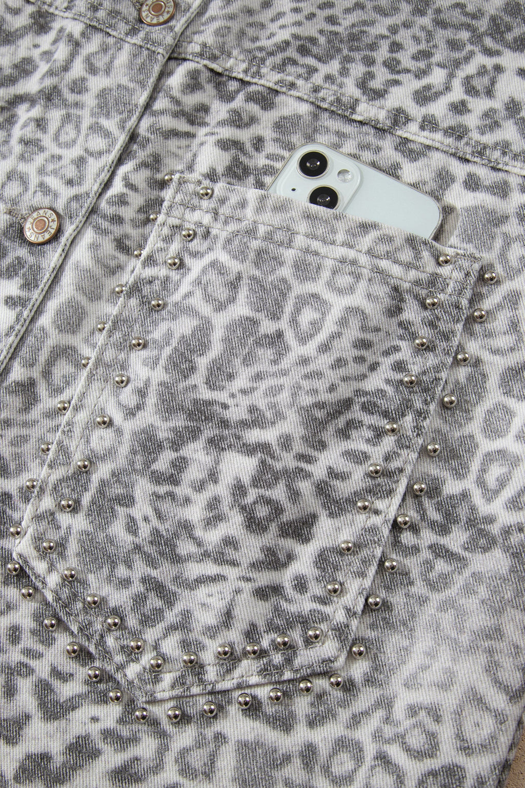 Khaki Leopard Print Studded Collar Studded Patch Pocket Denim Jacket