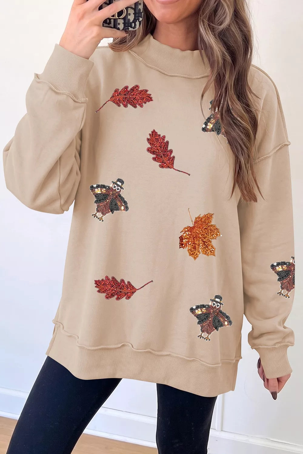 Sequin Turkey Leaf Graphic Exposed Seam Mock Neck Sweatshirt