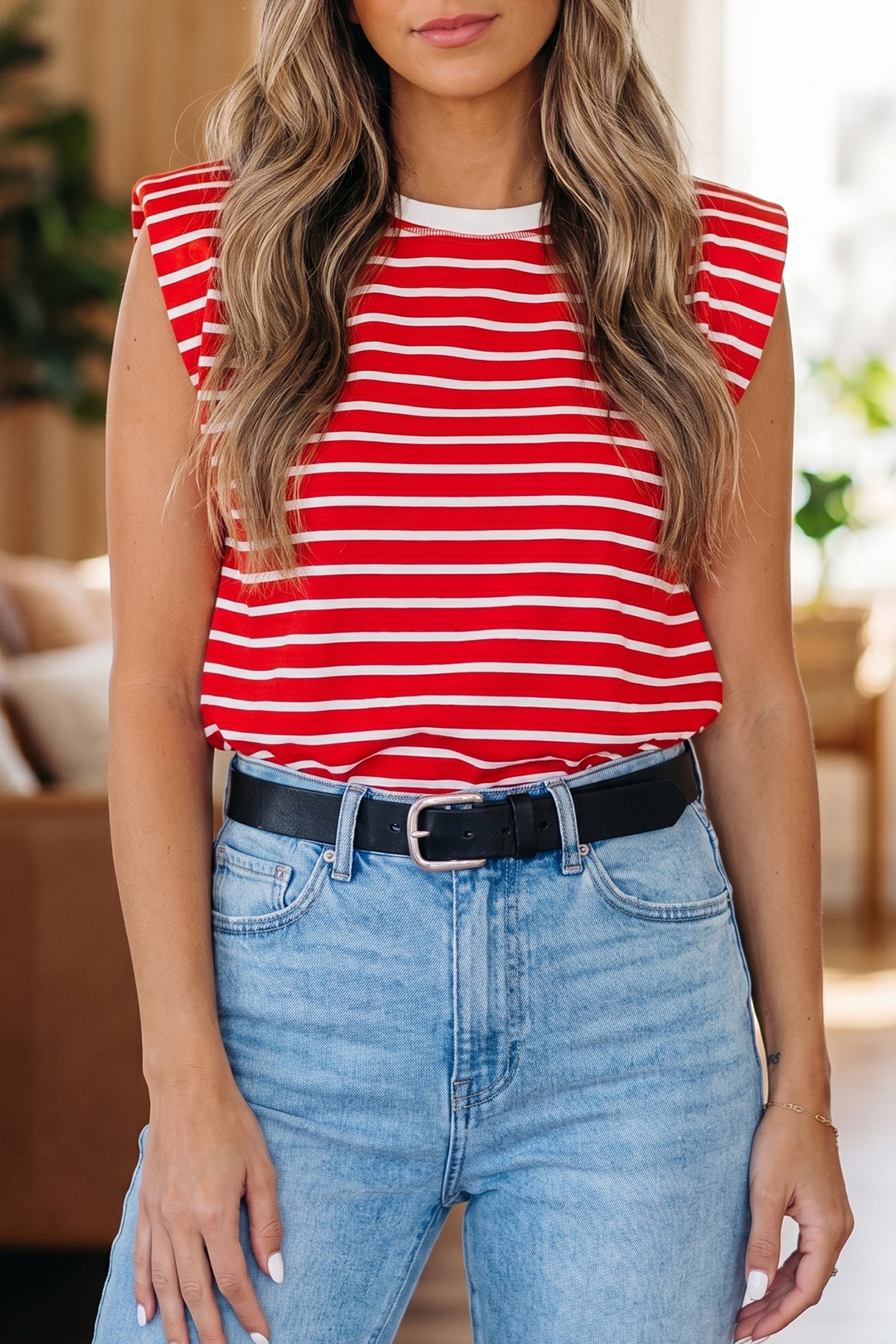 Red Stripe Ribbed Round Neck Trim Loose Tank Top