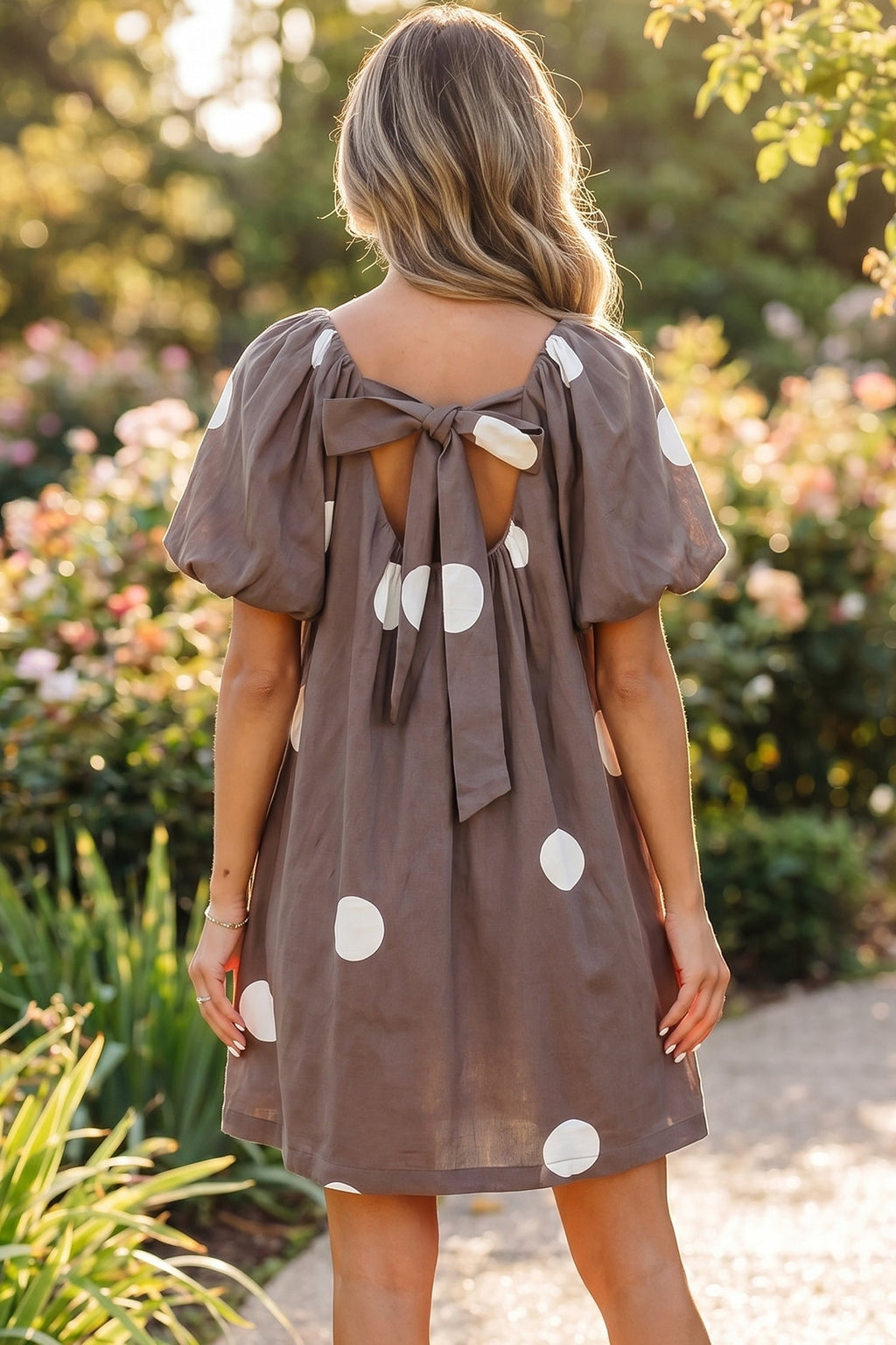 Brown Polka Dot Print Knot Back Short Puff Sleeve Loose Mini Dress
