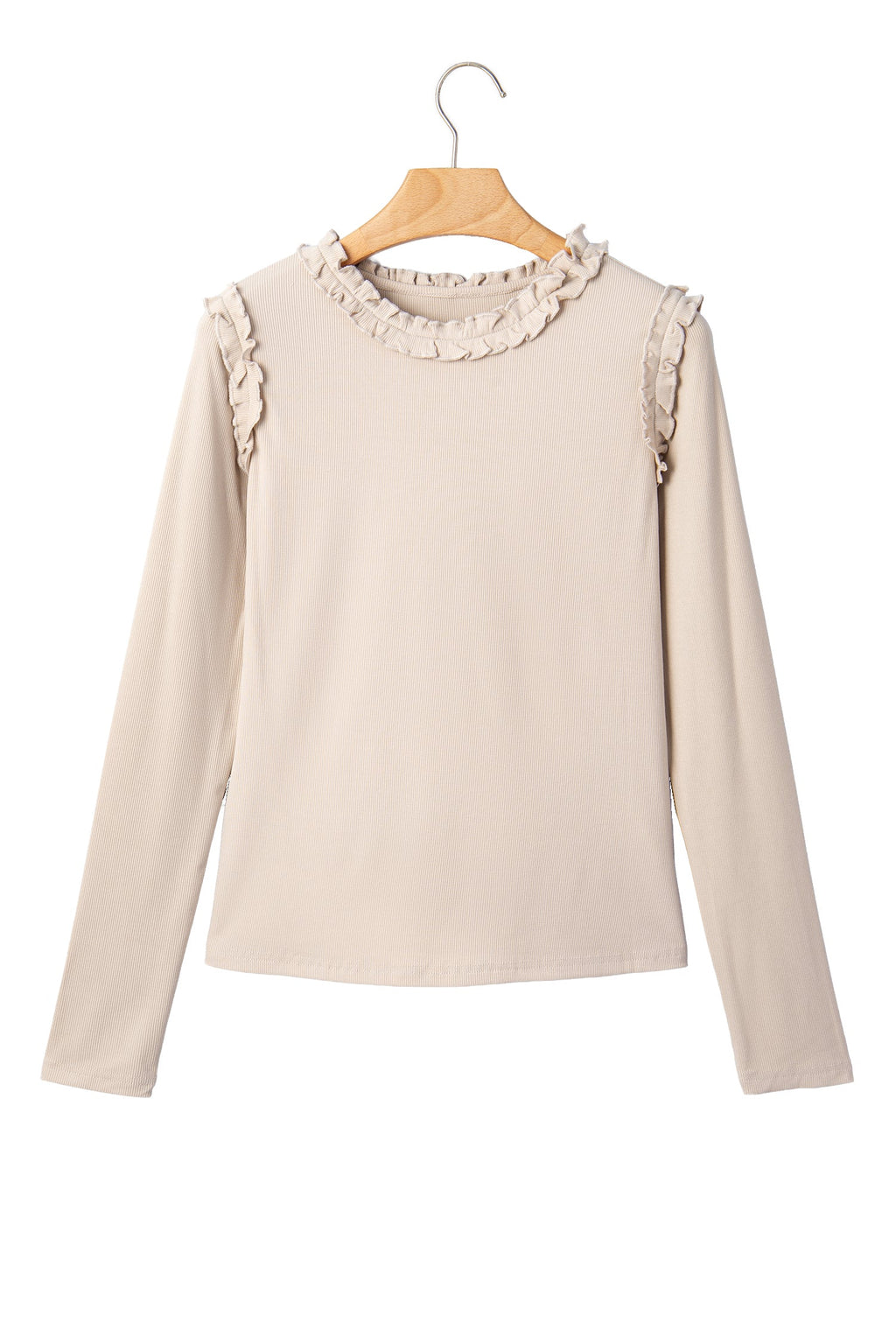 Beige Solid Color Round Neck Frill Detail Long Sleeve Top