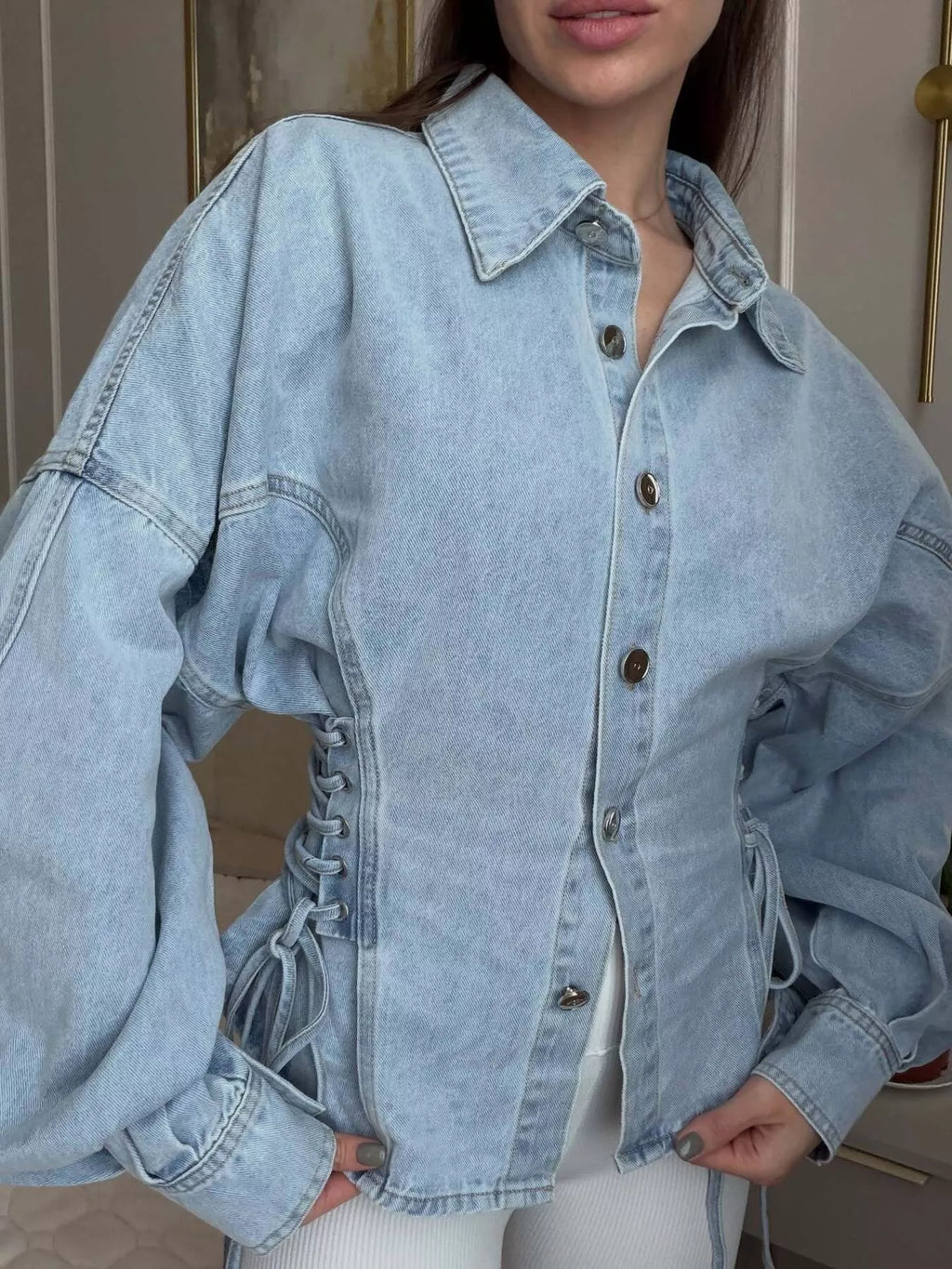 Button Down Lace-Up Side Denim Jacket