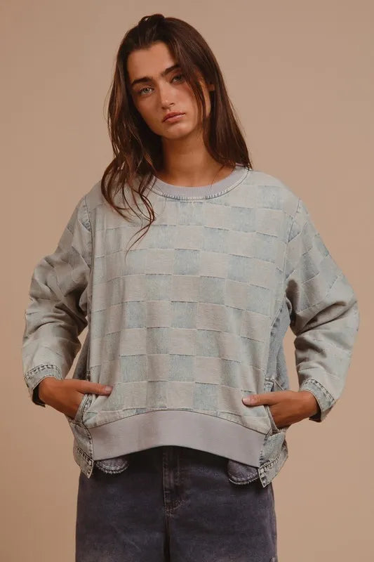 Mineral Washed Checkered Round Neck Denim Top