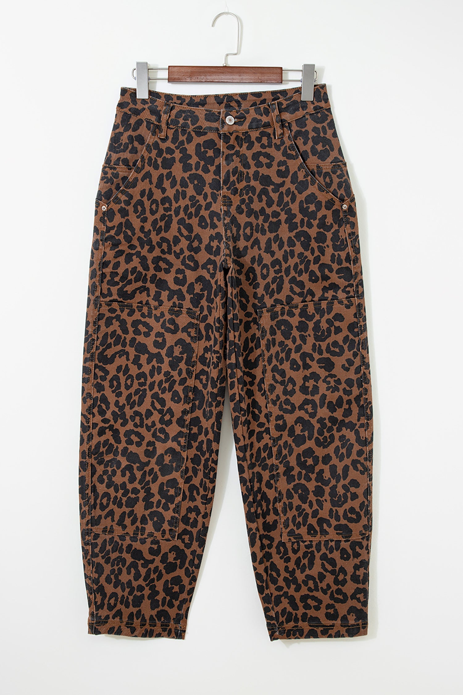 Brown Clear Seam Detail Patchwork Leopard Print Barrel Jeans