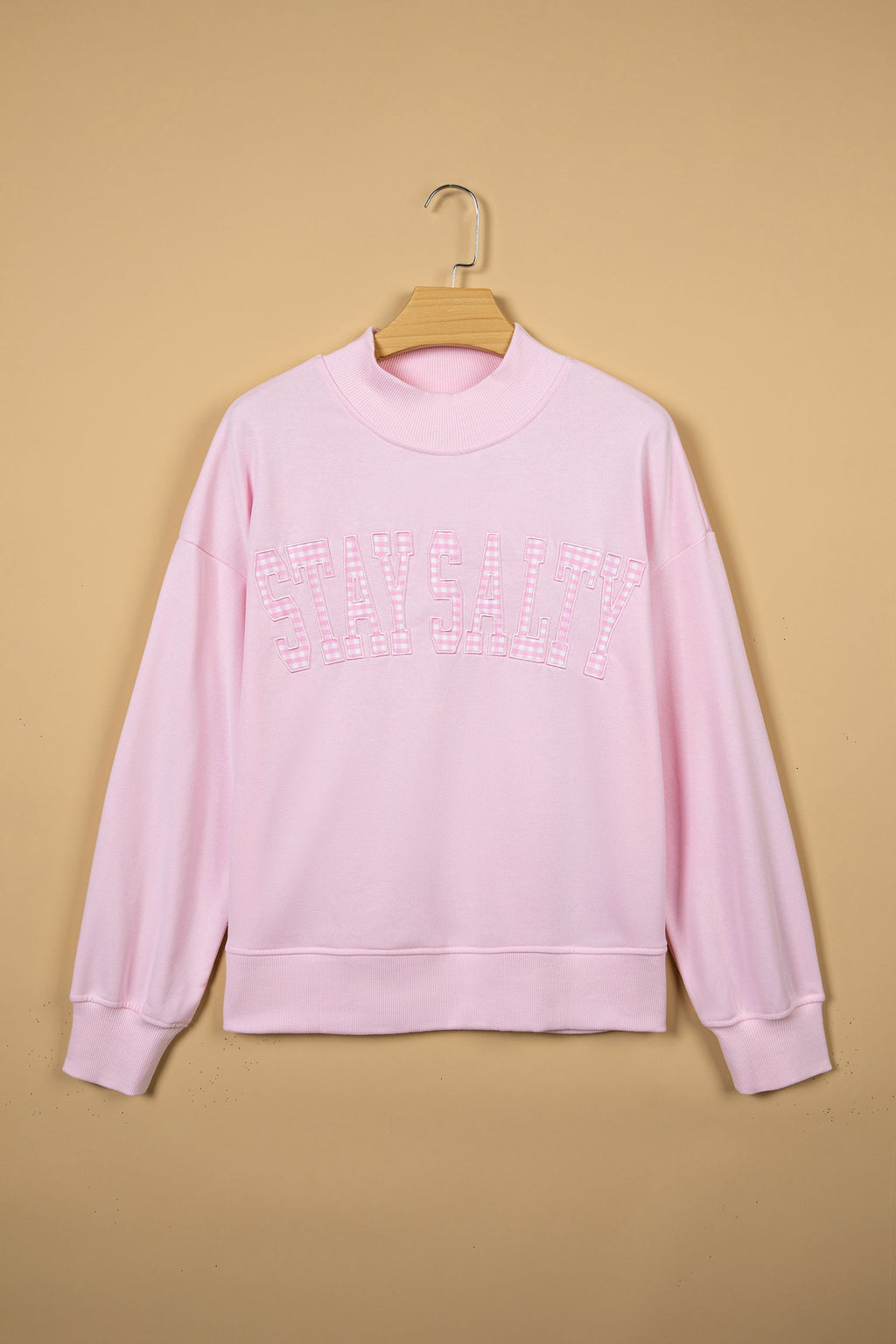 Pink Stay Salty Embroidered Long Sleeve Stand Neck Shift Pullover Sweatshirt