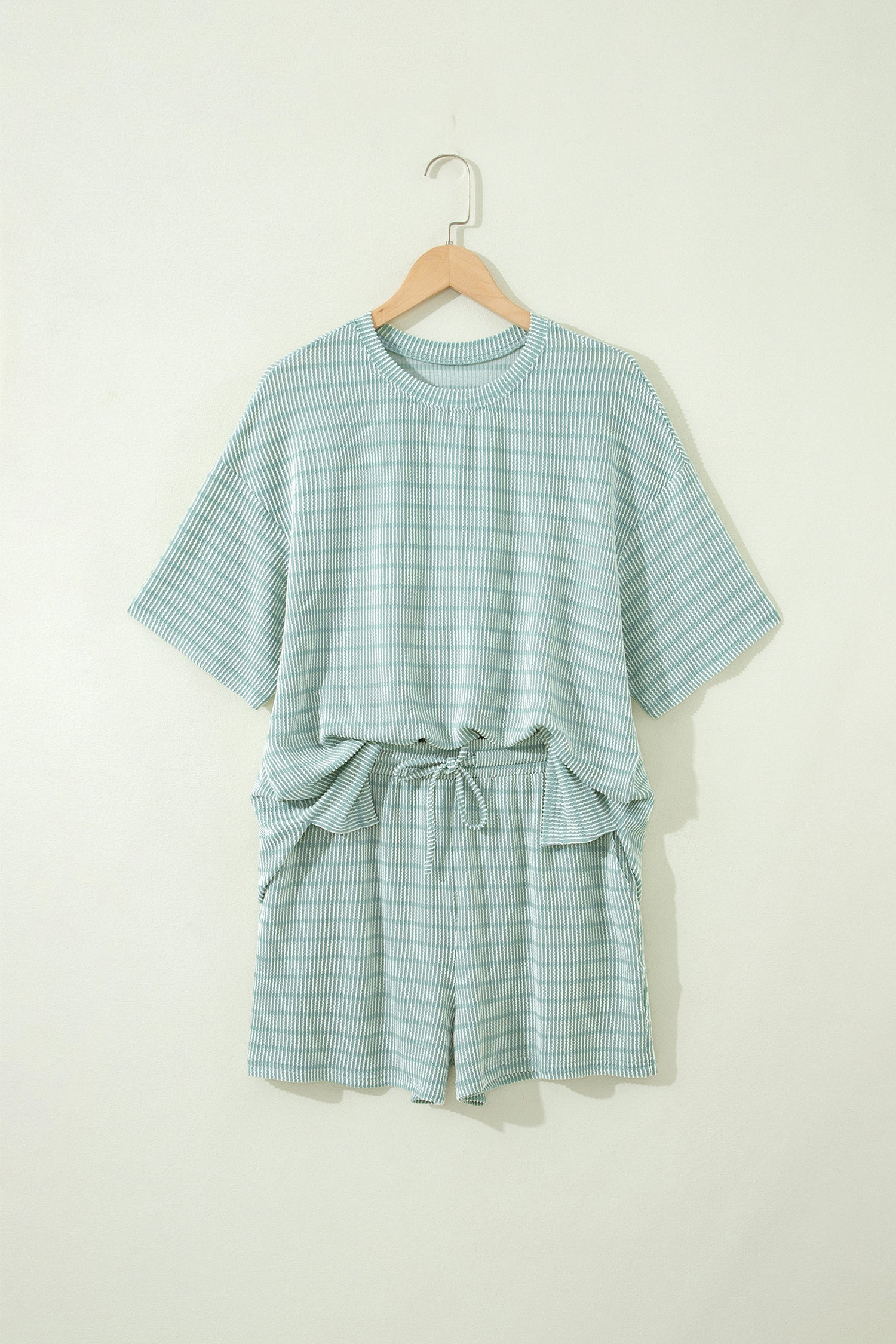 Green Stripe Raised Rib Loose Tee Drawstring Elastic Waist 2pcs Short Set