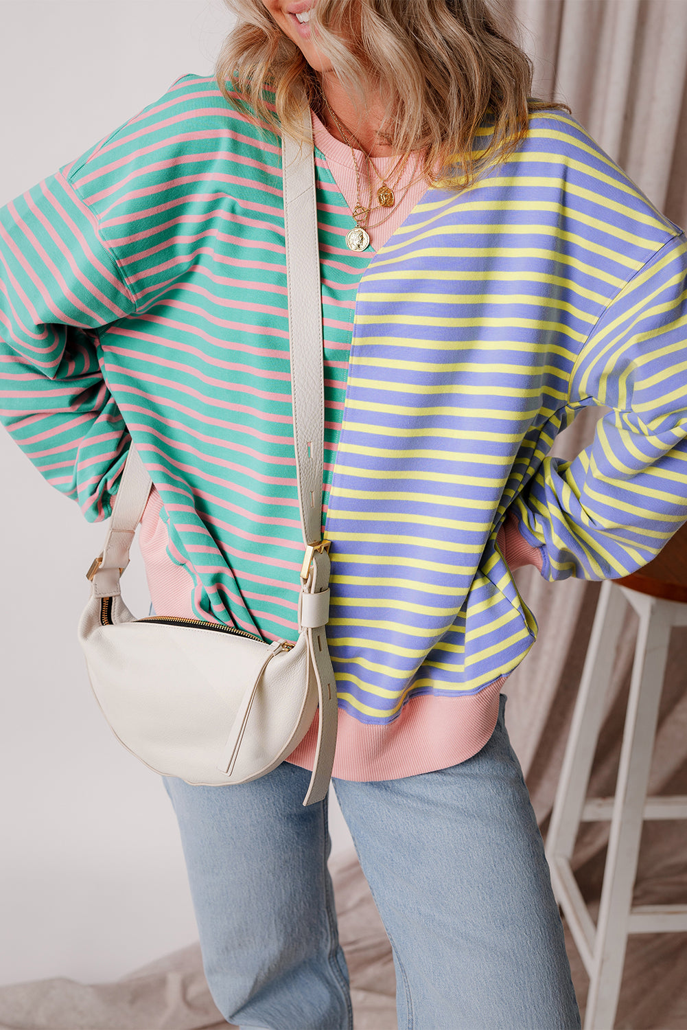 Stripe Colorblock Drop Shoulder Oversized Sweatshirt