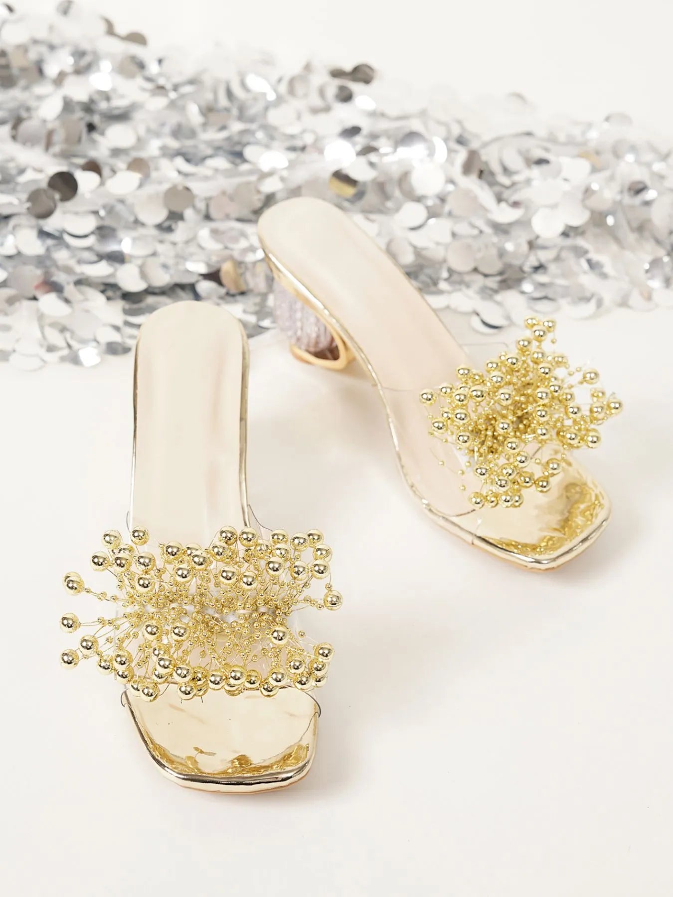 Pearl Embellished Clear Heel Sandals