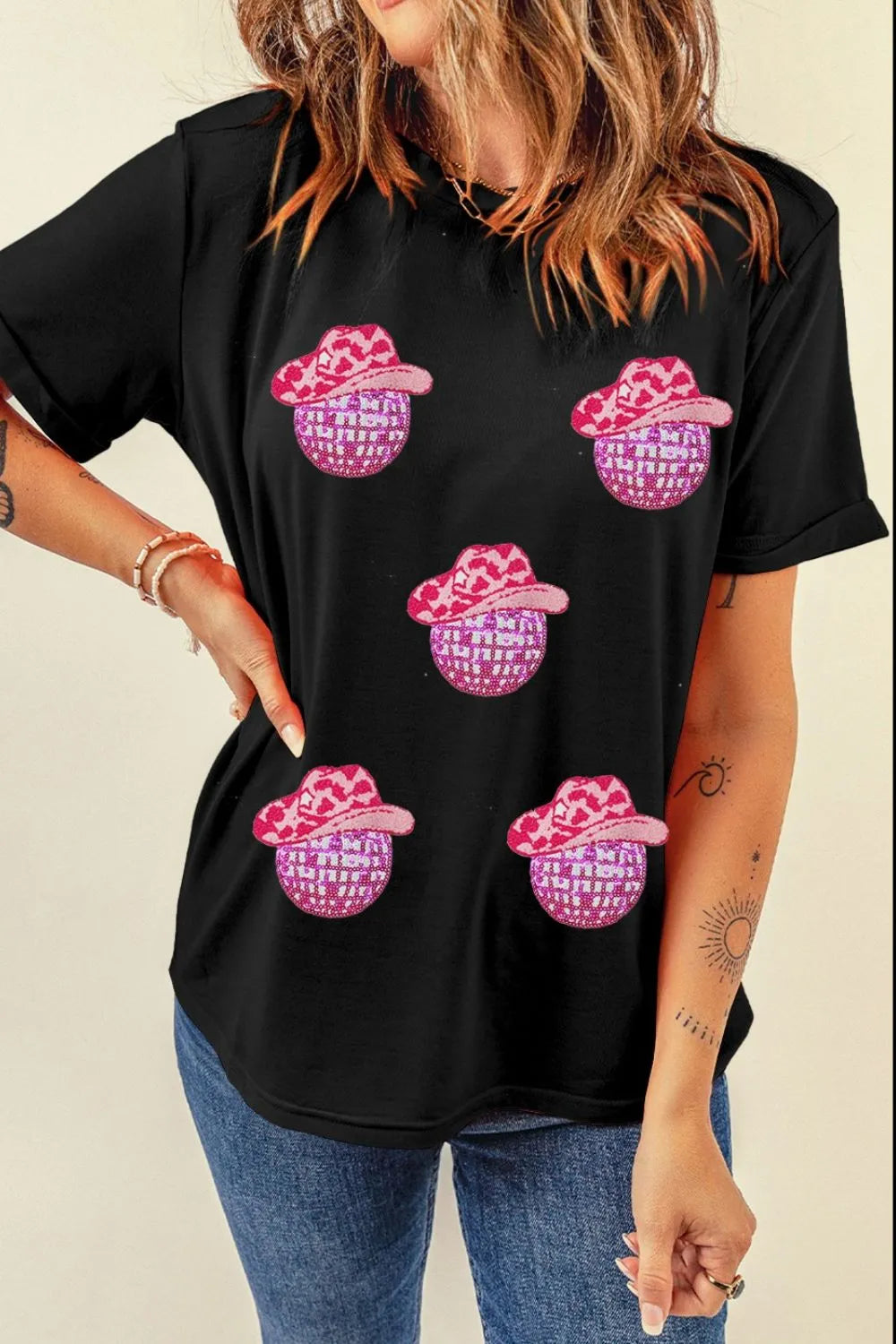 Cowboy Hat Disco Ball Patch Round Neck T-Shirt