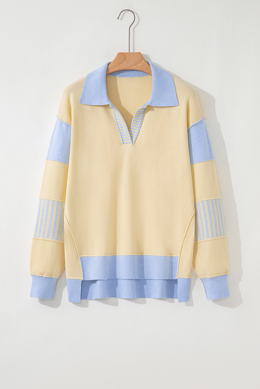 Stripe Colorblock Collared Drop Shoulder Sweater