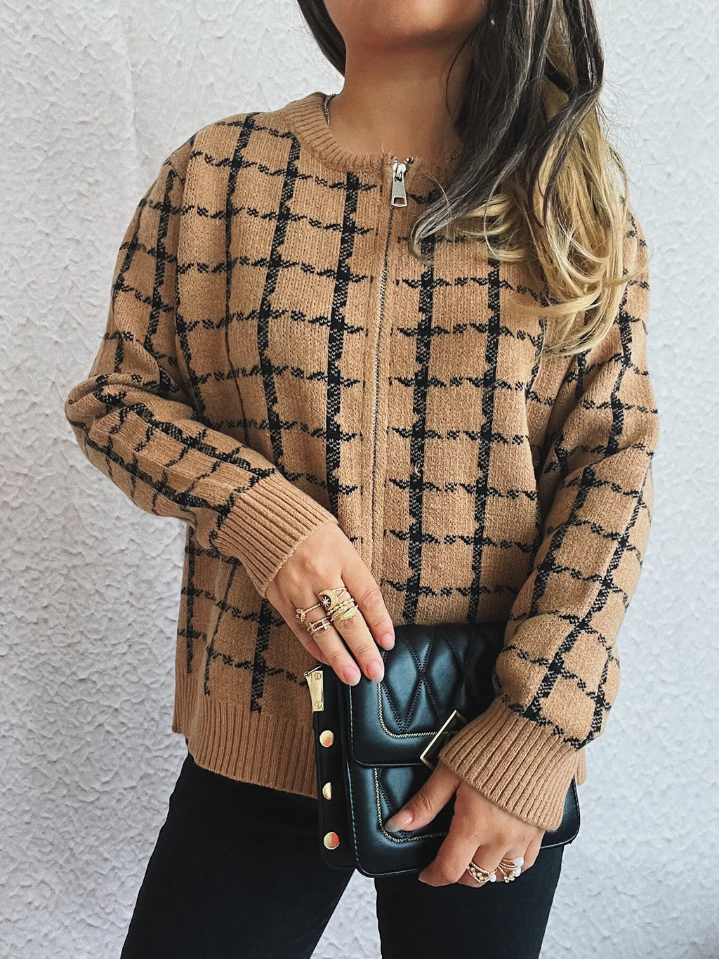 Plaid Zip-Up Cardigan with Gentle Stretch
