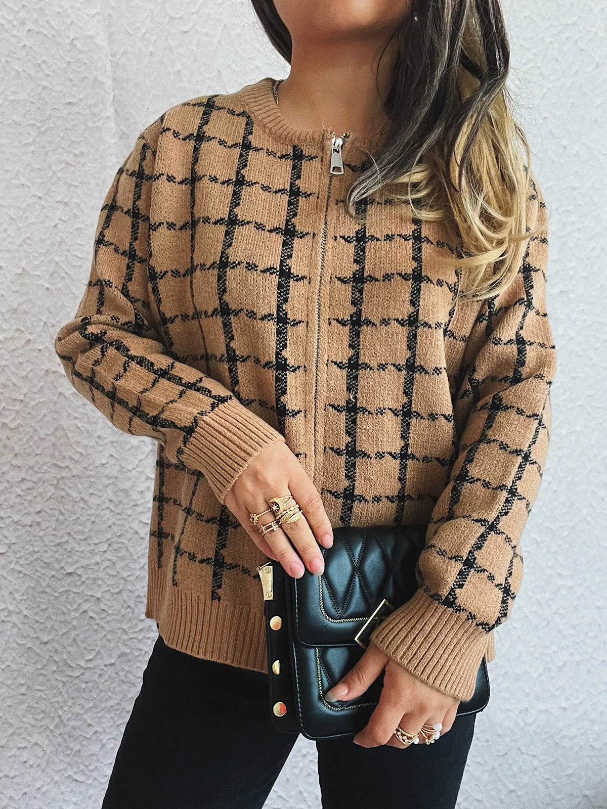 Plaid Zip-Up Cardigan with Gentle Stretch