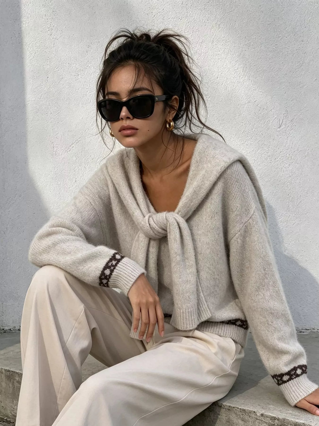Scarf Detail Dropped Shoulder Sweater