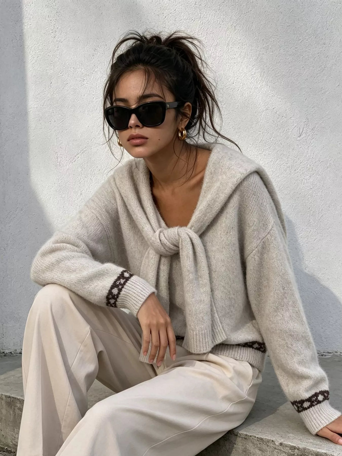 Scarf Detail Dropped Shoulder Sweater