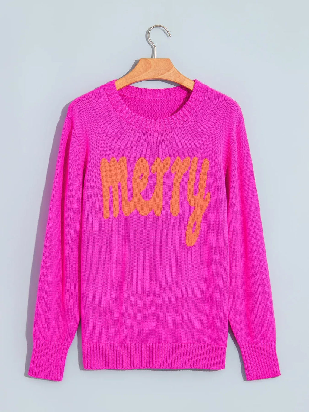 Merry Print Ribbed Trim Round Neck Loose Fit Sweater