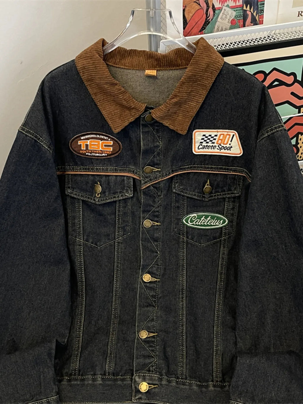 Men's Plus Size Corduroy Collar Button Up Denim Jacket