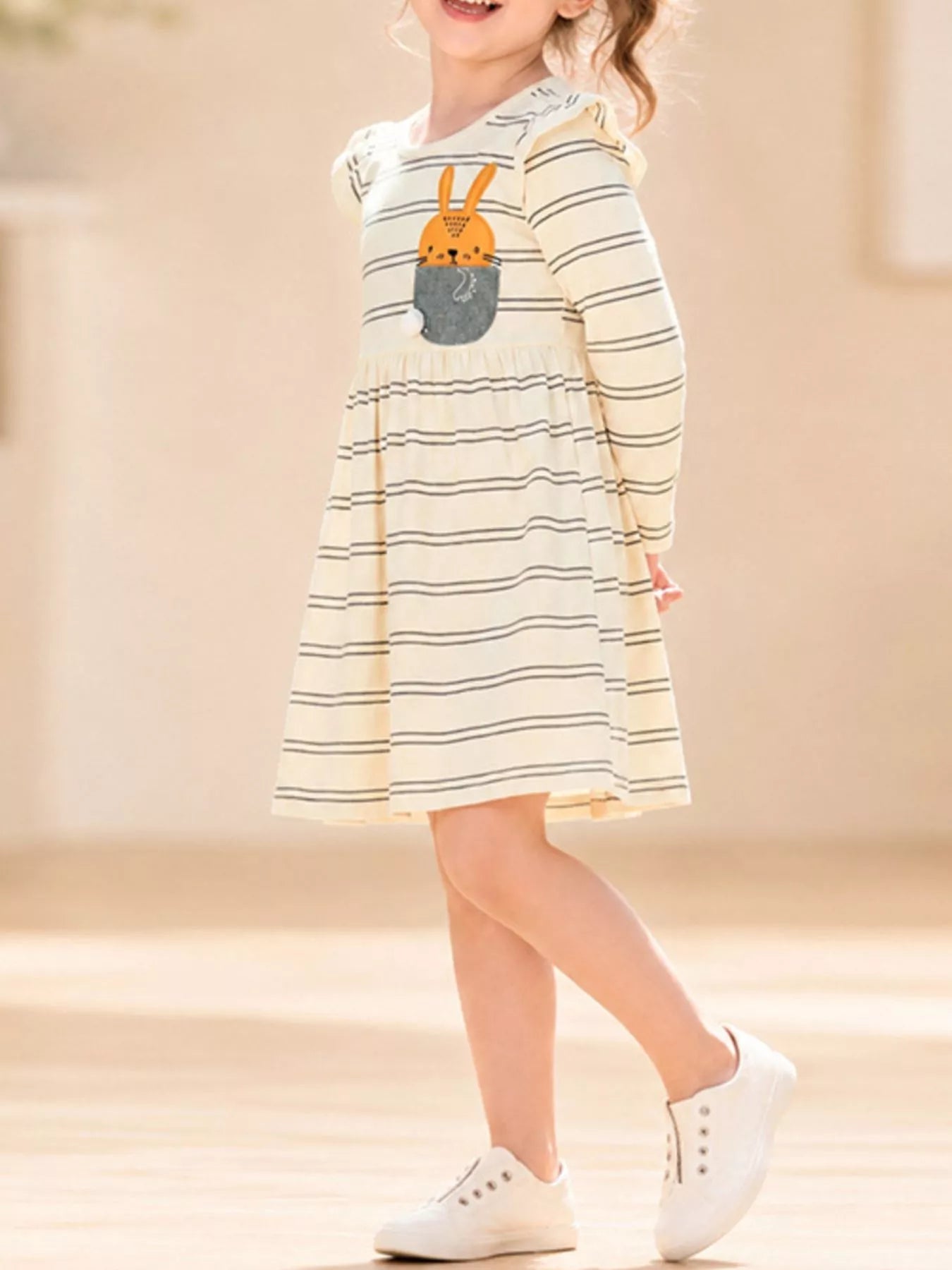 Children's Striped Long-Sleeve Dress with Rabbit Pocket Detail