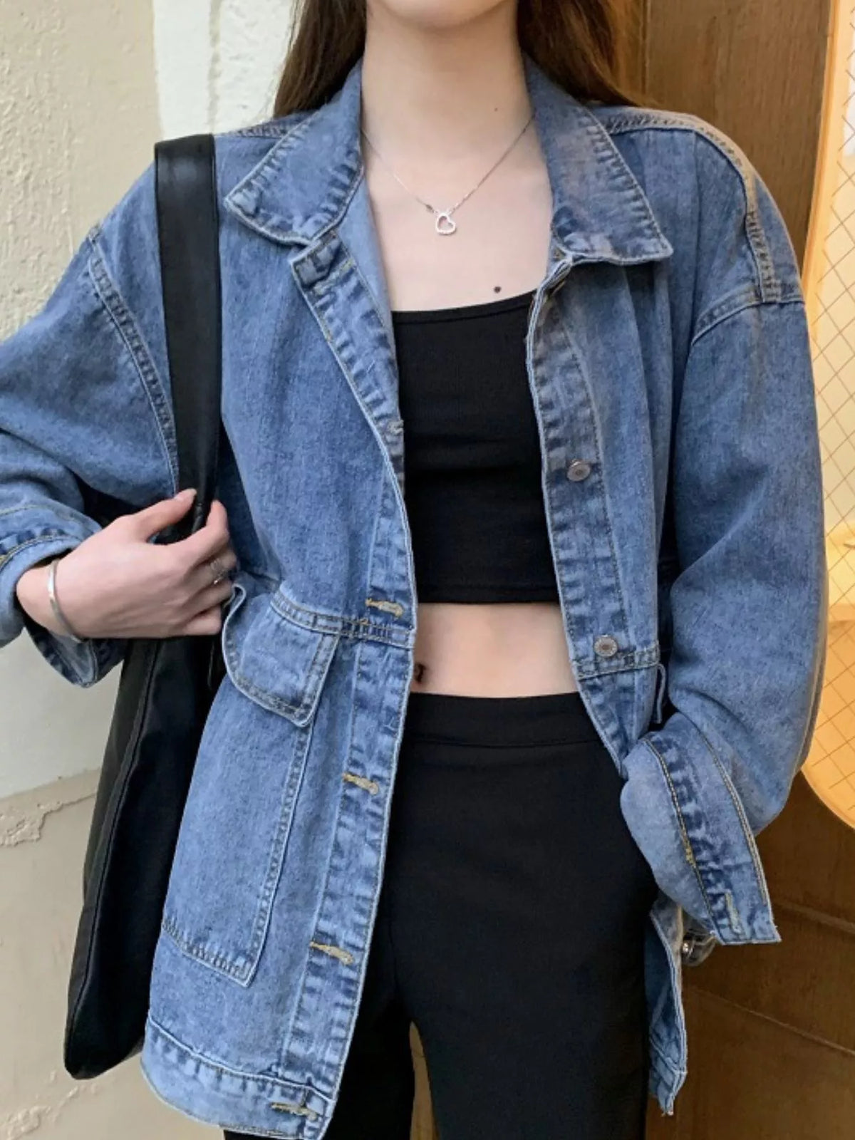 Oversized Wash Denim Jacket with Utility Pockets