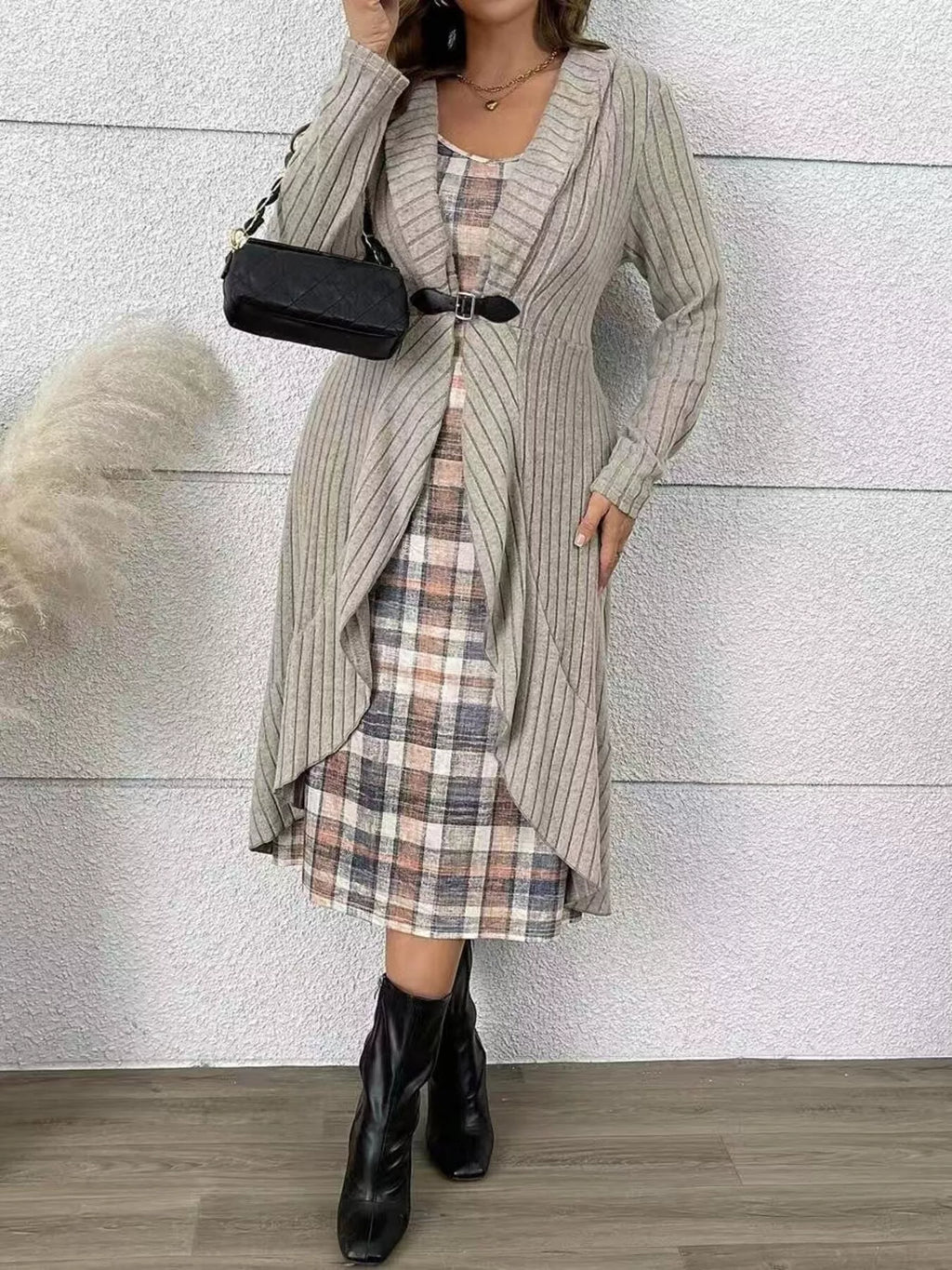 Full Size Ribbed Knit Cardigan and Plaid Dress Two-Piece Set Plus Size