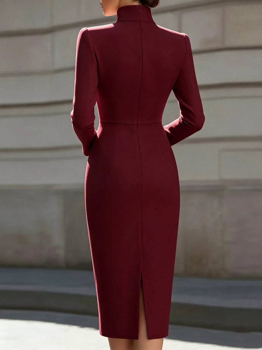 High Neck Long Sleeve Slit Dress