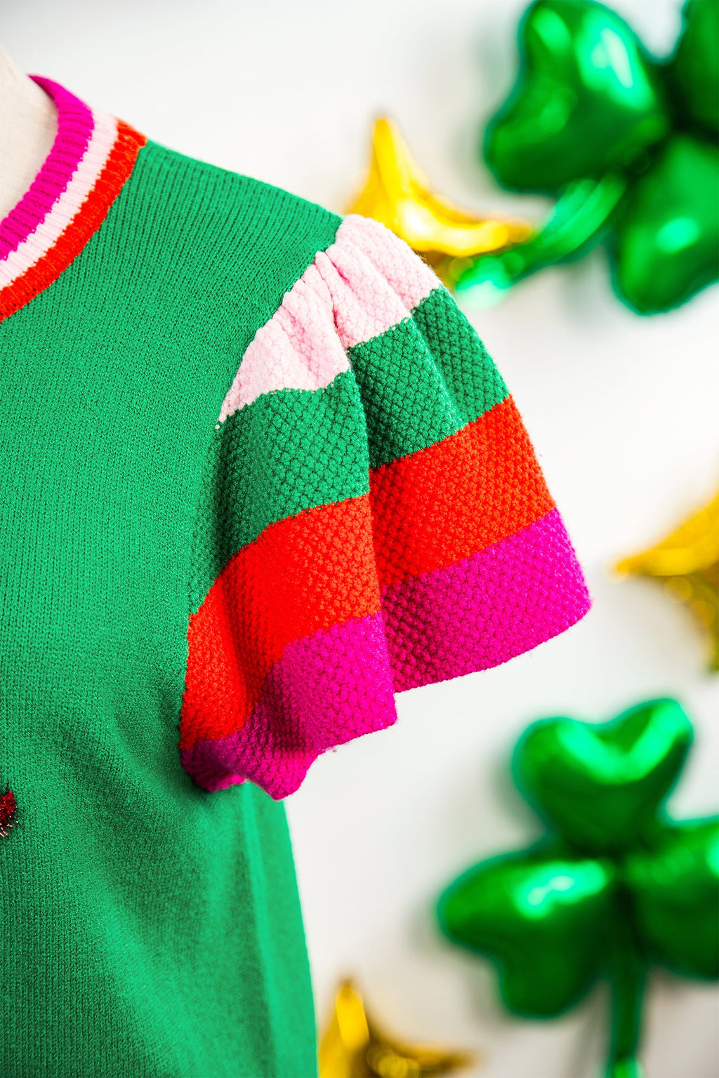 Lucky Stripe Flutter Sleeve Round Neck Sweater