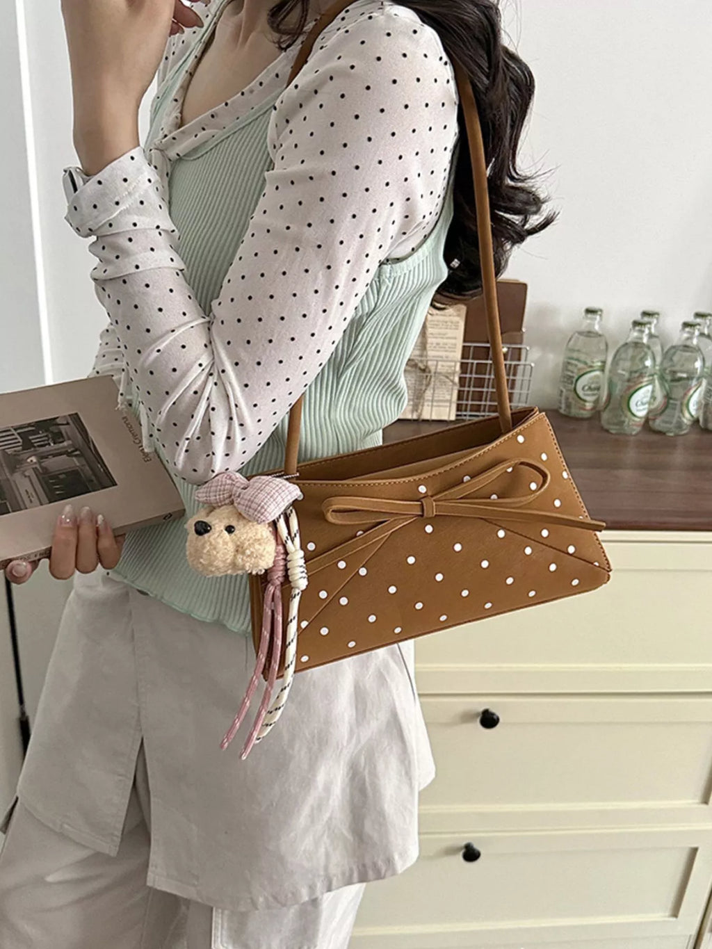 Polka Dot Bowknot Decor Shoulder Bag
