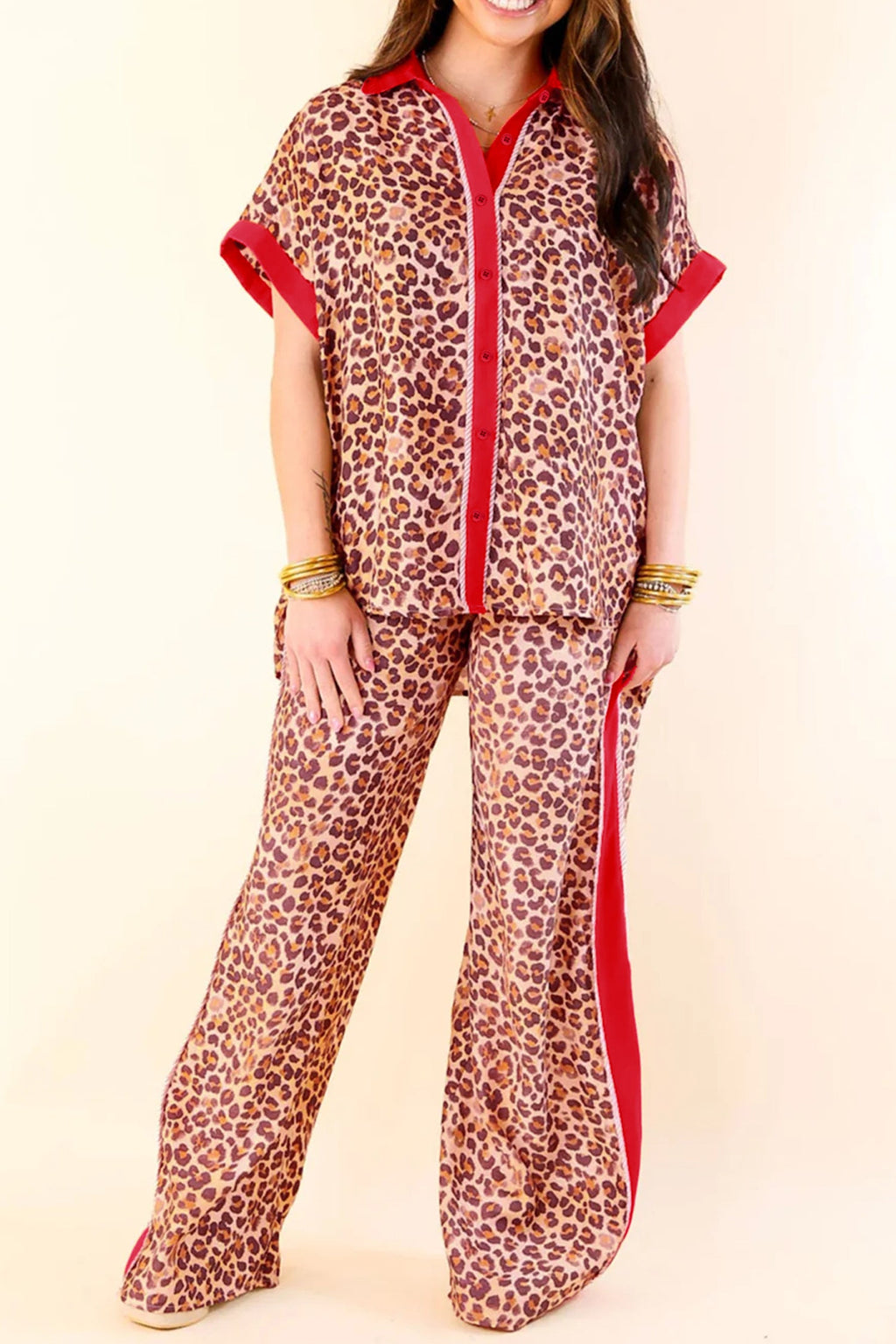 Leopard Contrast Trim Top and Pant Set