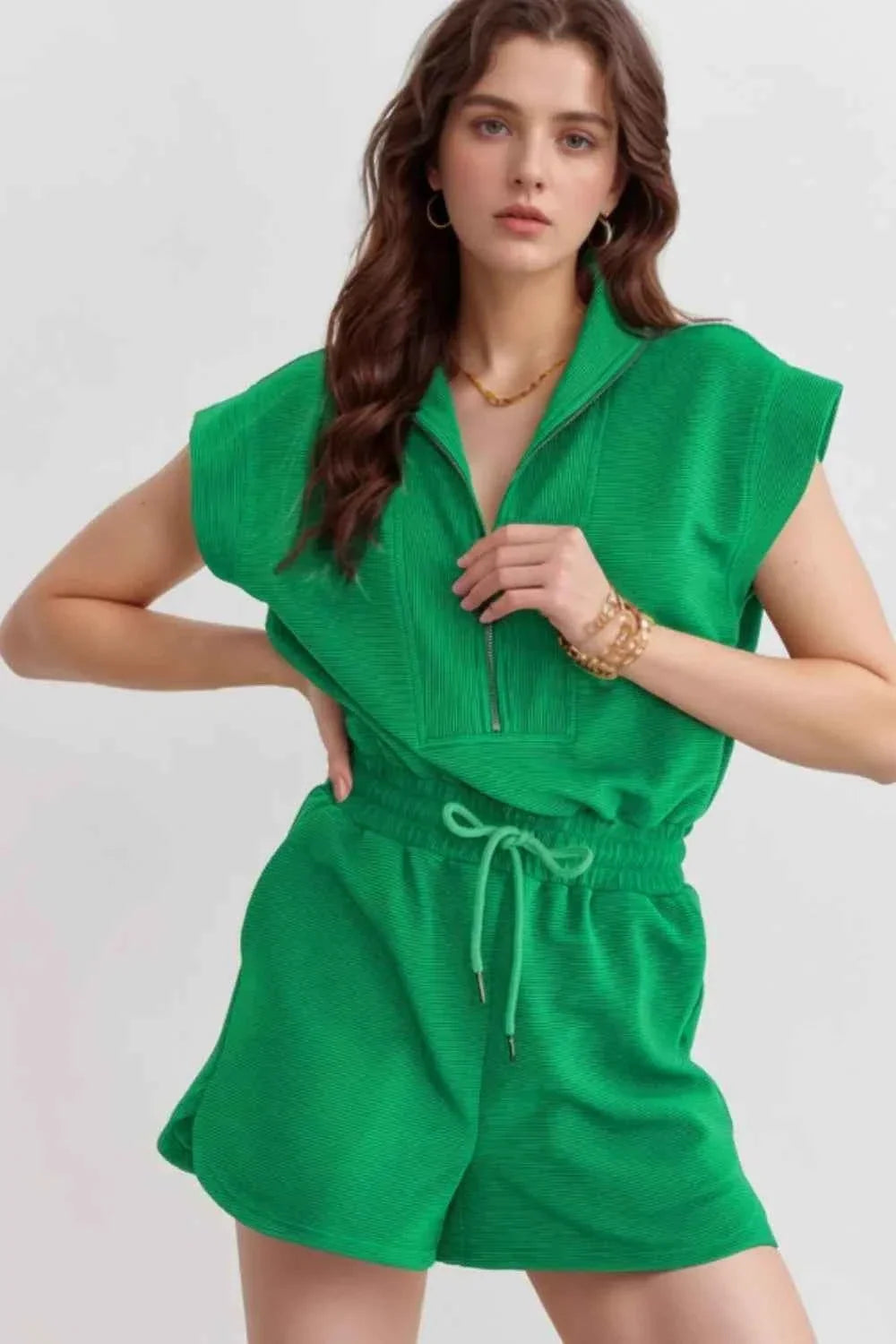 Drawstring Waist Half-Zip Sleeveless Romper