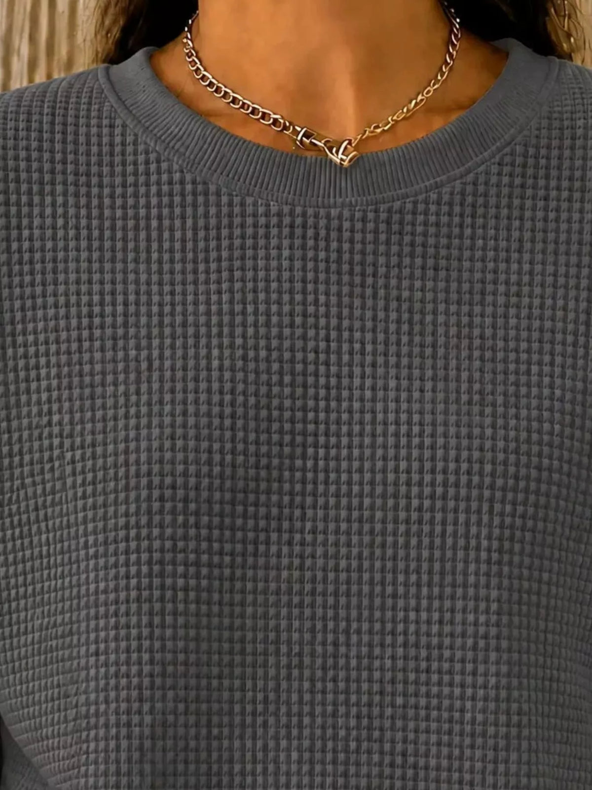 Full Size Waffle Knit Crewneck Sweatshirt Plus Size