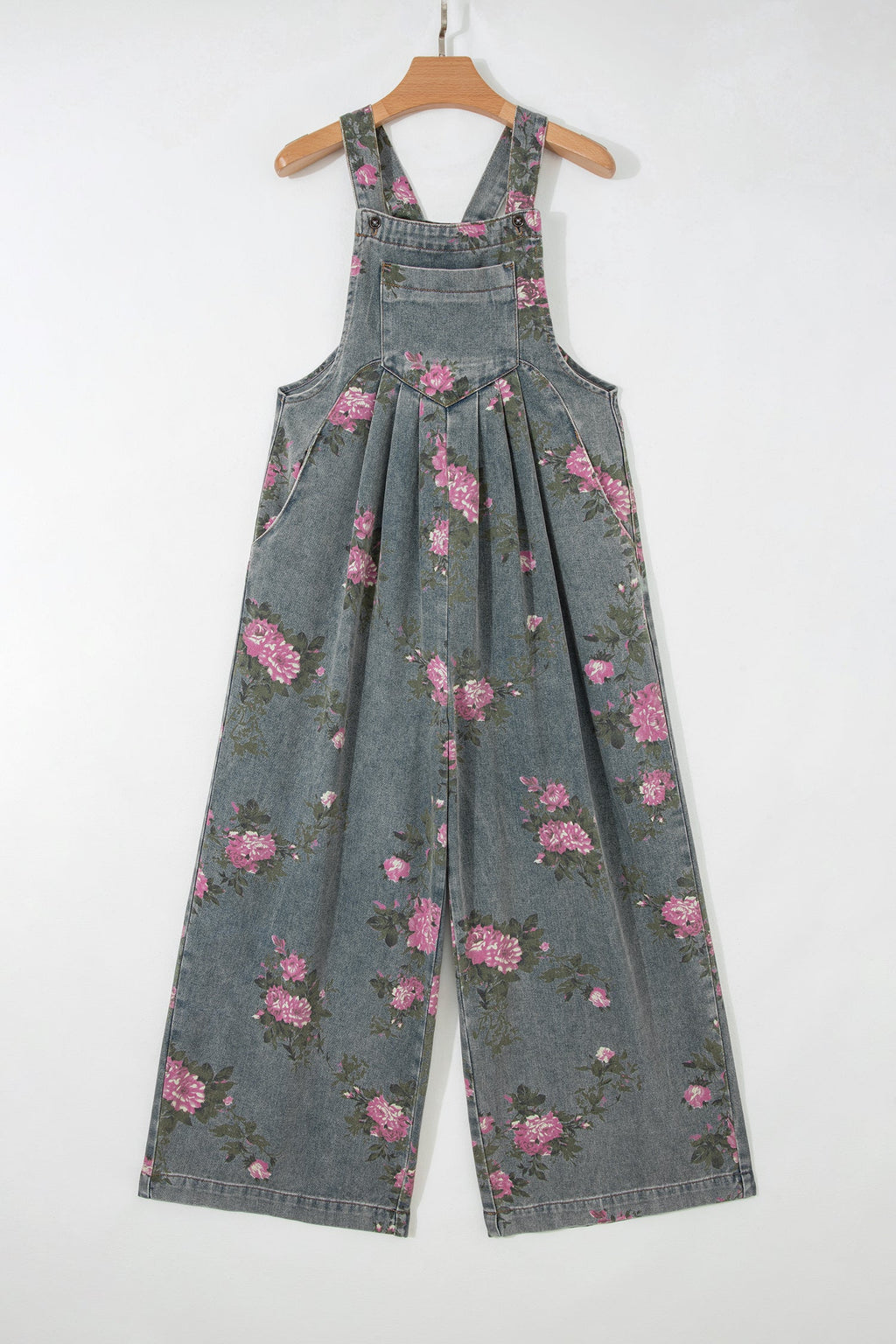 Gray Beau Floral Print Pleated High Waist Wide Leg Denim Jumpsuit