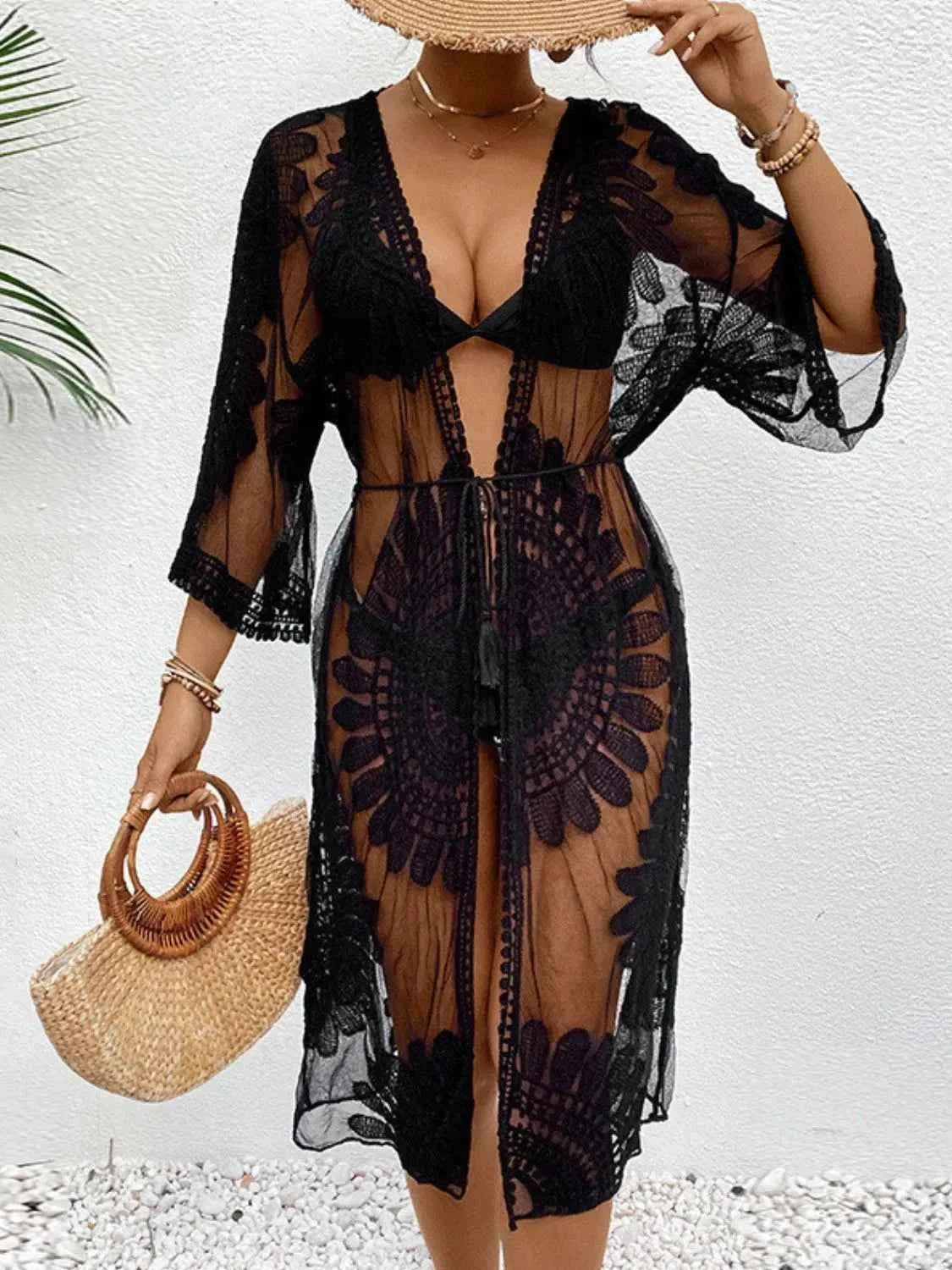 Lace Open Front Longline Kimono Cover-Up