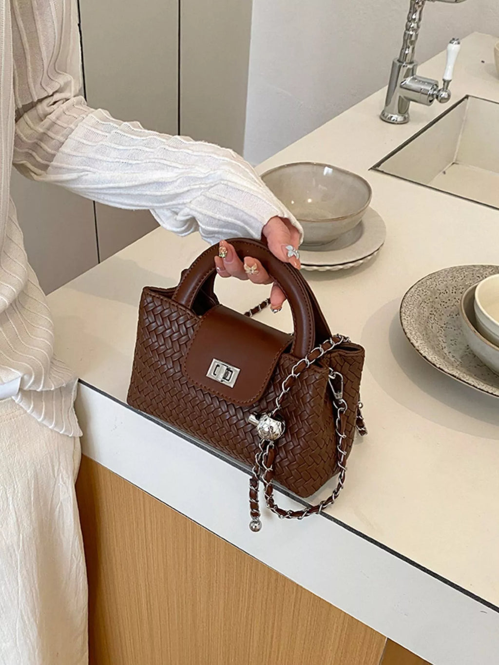 Woven Texture Crossbody Bag with Chain Strap
