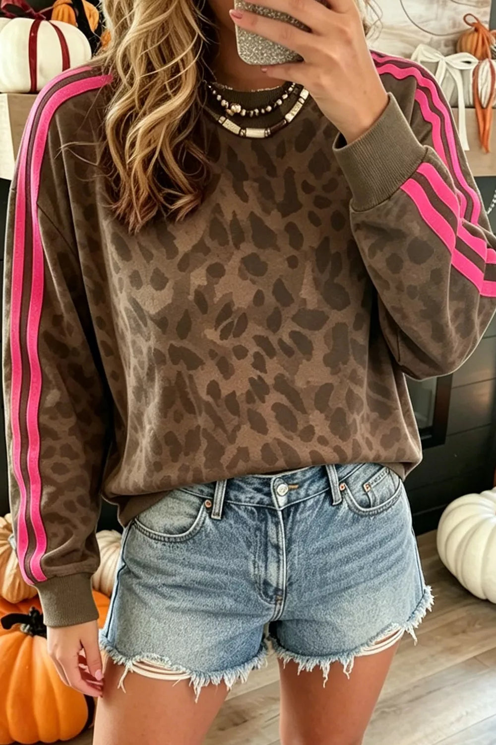 Side Stripes Leopard Round Neck Sweatshirt