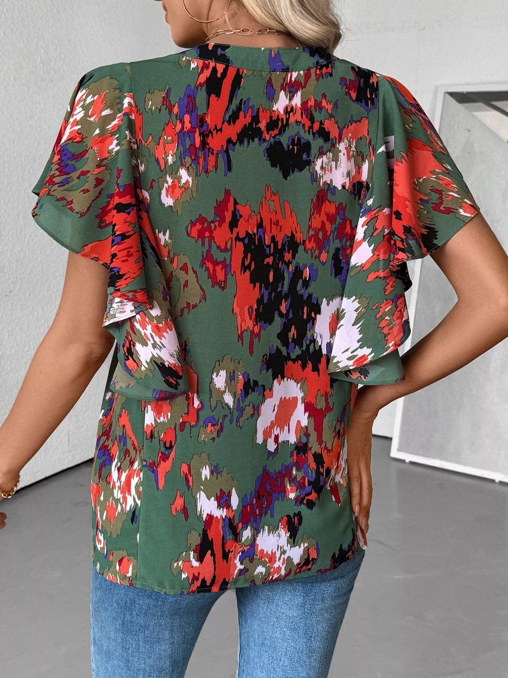 Abstract Print Flutter Sleeve Blouse