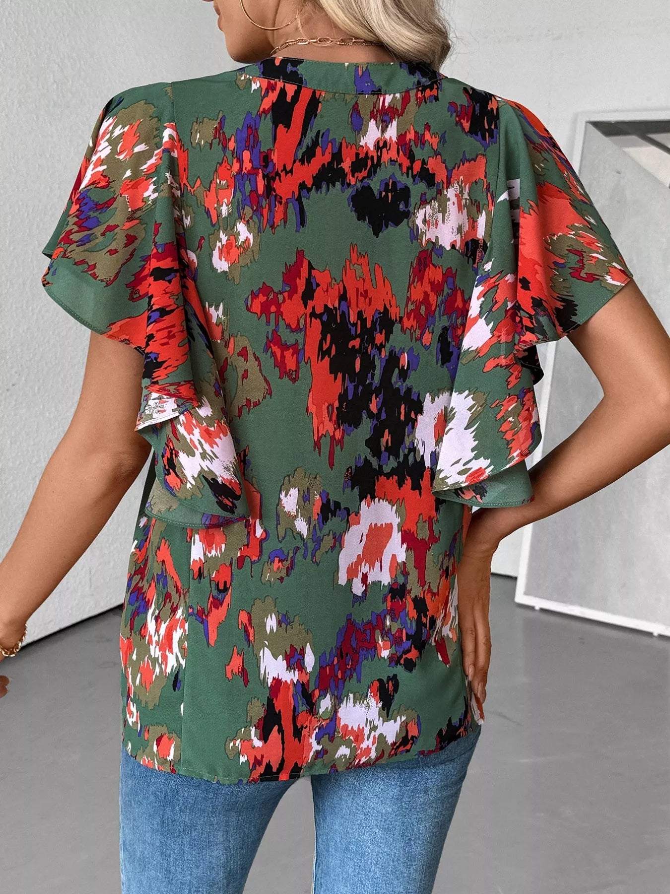 Abstract Print Flutter Sleeve Blouse