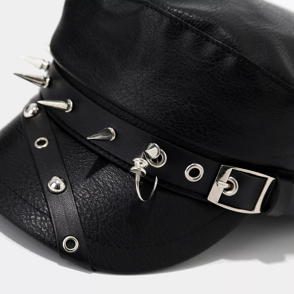 Studded Embellished Faux Leather Hat