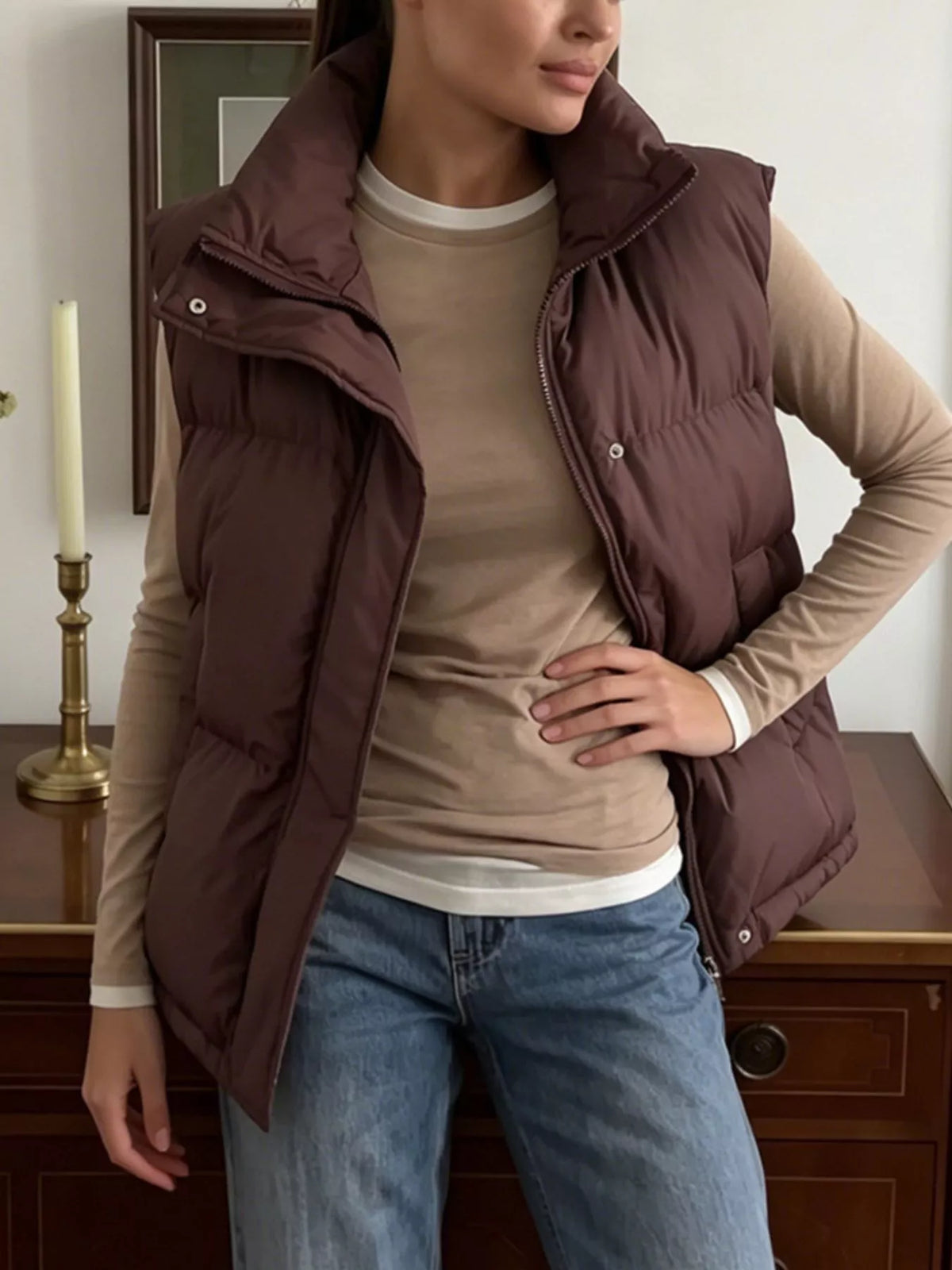 Snap-Button Placket Quilted Puffer Vest Coat