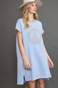 Umgee Peace Plaid Applique Short Sleeve Mini Dress